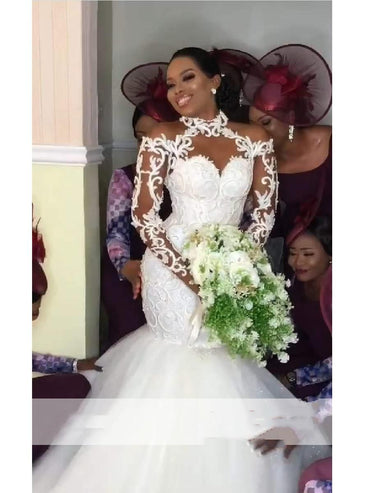 African Lace Mermaid Wedding Dresses 2023 High Neck Illusion Long Sleeves Vestido Bridal Gowns