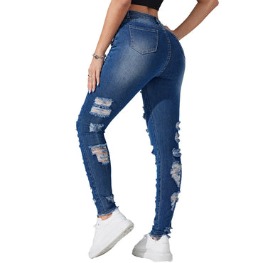 Wholesale Fashion Dark Blue High Stretchy Ripped Legging Women Denim Jeans Full Length Slim Fit Skinny Pencil Ladies Denim Pants