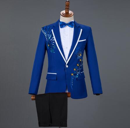 3x and 4x Diamond Royal Blue Men Suit Set Gold Embroidered Wedding Mens Slim Fit Tuxedo Mens Suits with Pants Prom Show Stage Costume