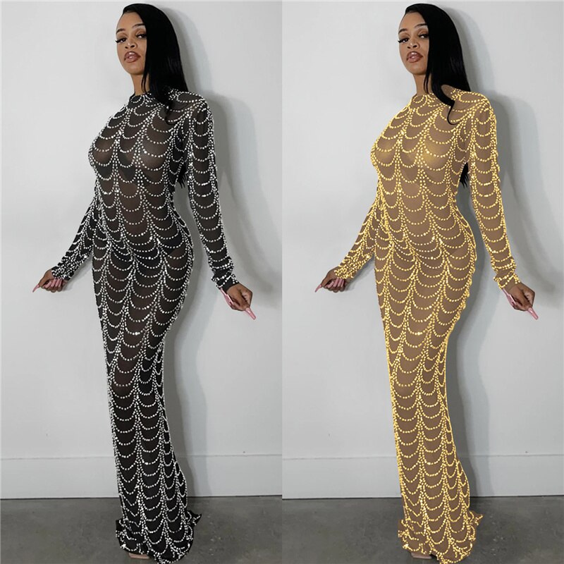 Sparkly Crystal Rhinestone Bodycon Maxi Dress Women Wedding Evening Long Sleeve Mesh See Through Night Party Club Birthday Dress