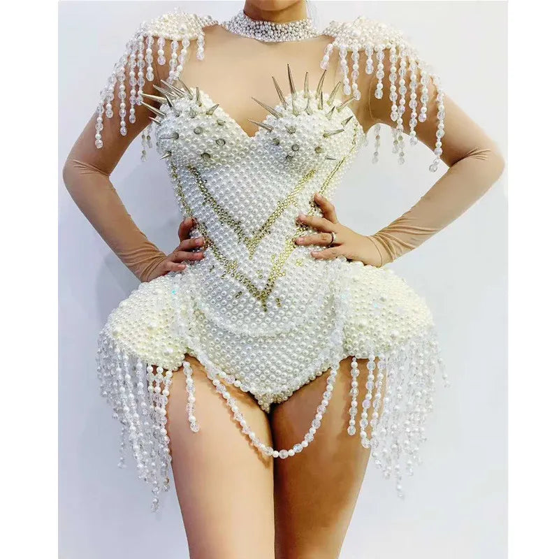 Sparkly Women White Tassel Leotard Sexy Pearls Sequins Fringes Bodysuit Club Performance Wear Party Stage Dance Costumes Shuye