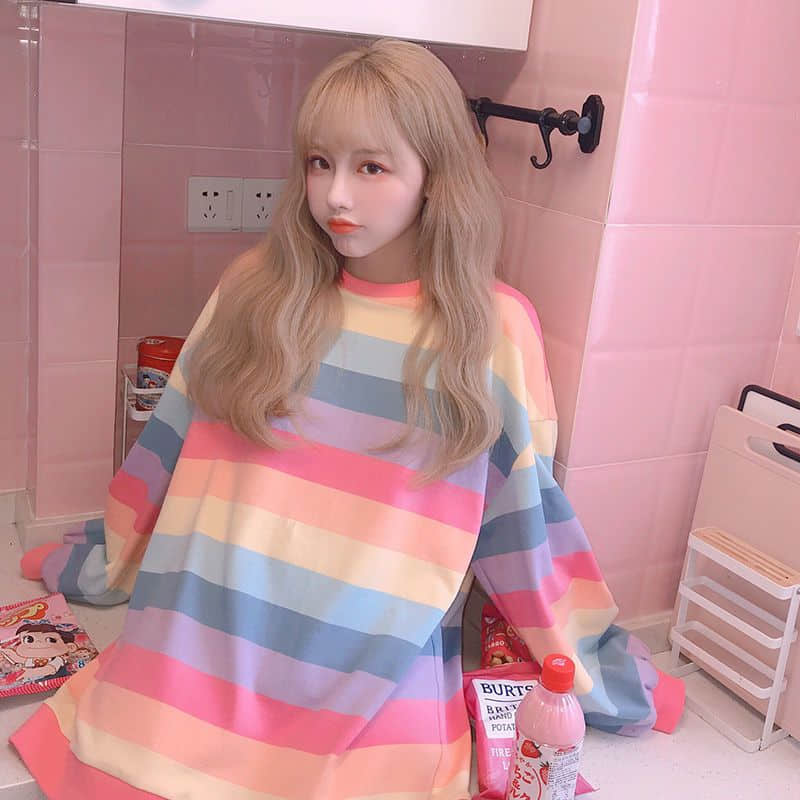 Sexy Women's Jacket Autumn Winter Rainbow Striped Long-sleeved Hoodless Shirt