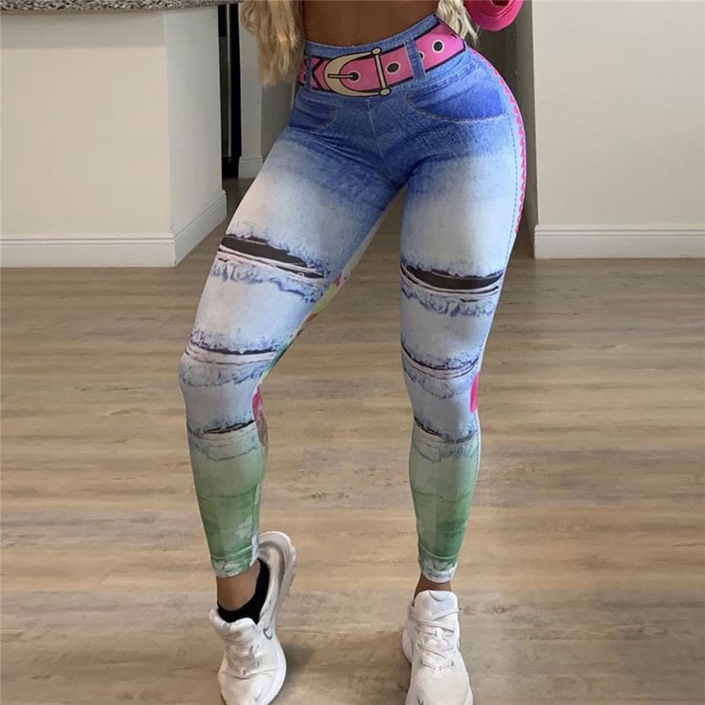 FCCEXIO Denim 3D Print Women Pants Push Up Running Sports Leggings Slim Pants Female Casual Trousers Fitness Legging