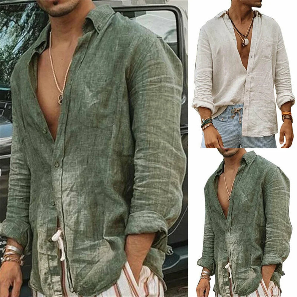 2024 Summer Men'S Casual Cotton Linen Shirt Long Sleeve Loose Blouse Button Breathable Top For Men