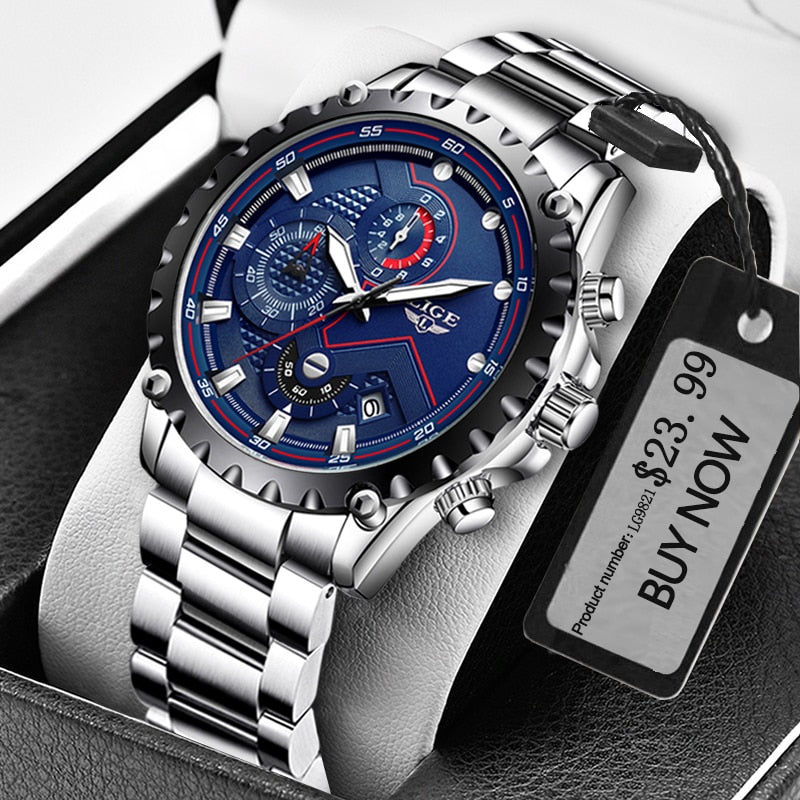 LIGE Fashion Mens Watches Top Luxury Brand Silver Stainless Steel 30m Waterproof Quartz