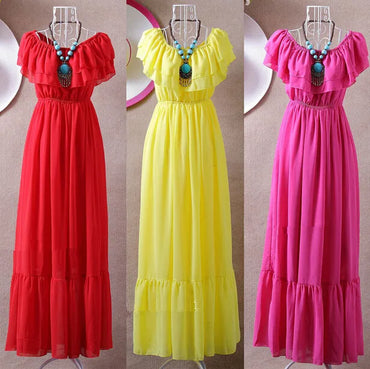 2023 slash neck ruffles bohemian chiffon full dress,girl long dress vestido de festa,Summer women dresses