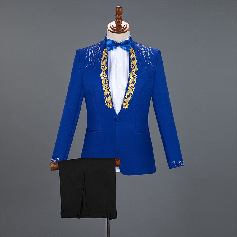 3x and 4x Diamond Royal Blue Men Suit Set Gold Embroidered Wedding Mens Slim Fit Tuxedo Mens Suits with Pants Prom Show Stage Costume
