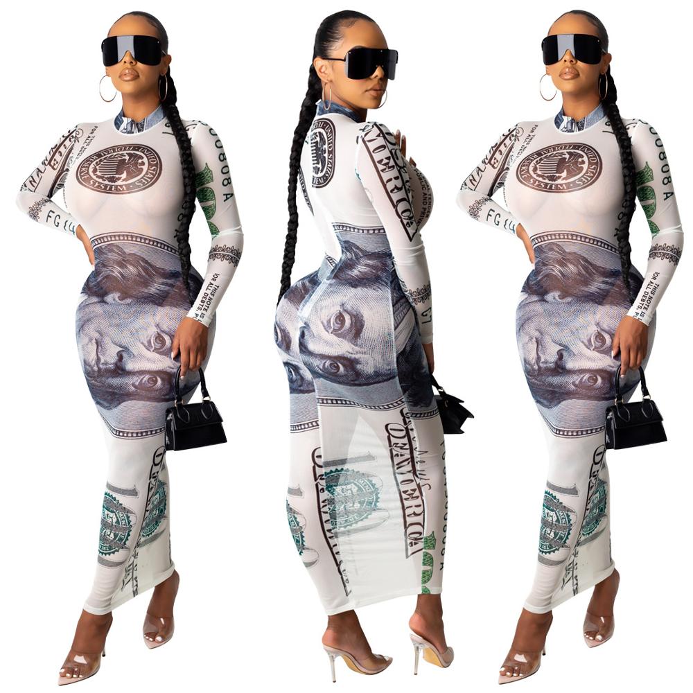 Print Sexy Mesh Long Sleeve Party Dress Women See Through Clubwear Skinny Autumn Bodycon Maxi Dresses Slim Turtleneck