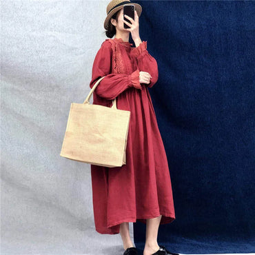 Johnature New Vintage Cotton Linen Embroidery Hollow Out Women Dresses 2023 Summer Solid Color Ruffles Dress