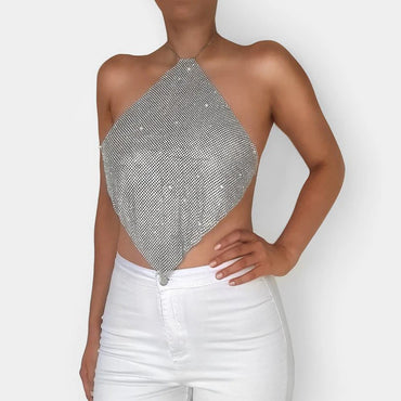 Glitter Crystal Diamonds See Through Backless Tank Top Women Adjustable Metal Chain Rhinestone Hollow Out Sleeveless Crop Tops