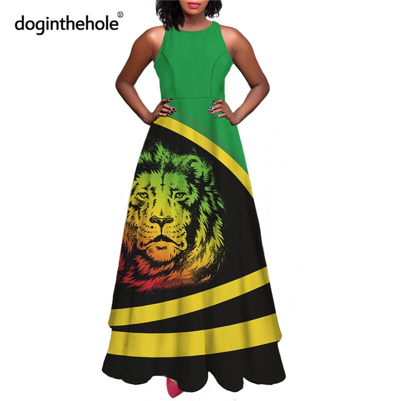 Jamaica Flag Printed Women Summer Sleeveless Long Dress Reggae Style Elegant Big Swing Party Dresses for Ladies Femme Vestidos