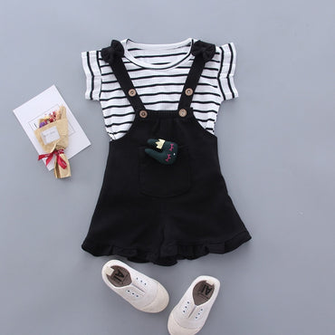 Summer Children Clothing Baby Cute Girls Casual T-Shirts Bib Shorts 2Pcs/Set Toddler Cartoon Fashion Cotton Infant Clothes Suit
