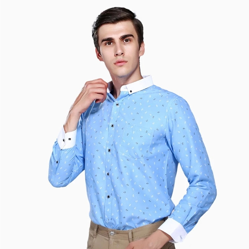Men Long Sleeve Casual Shirt Spring Autumn Floral Printed Plaid Pocket Shirts Soft Comfortable Dress Man Wedding Party Shirt
