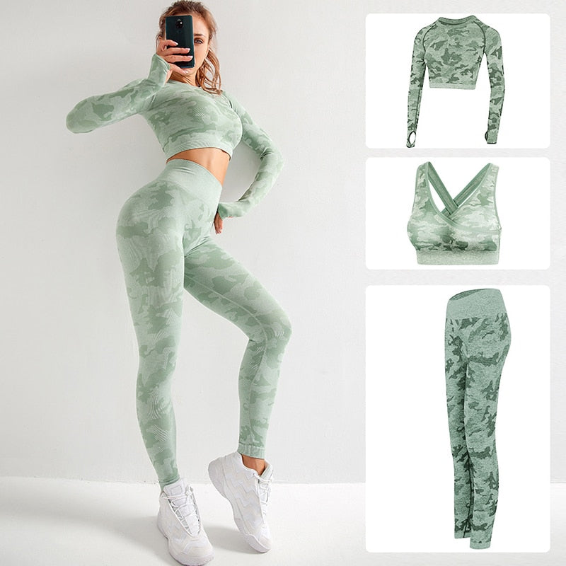 RUUHEE Women Yoga Set Camouflage Seamless Long Sleeve High Waist Leggings and Bra Workout Sportwears 2 Piece Gym Suit Female