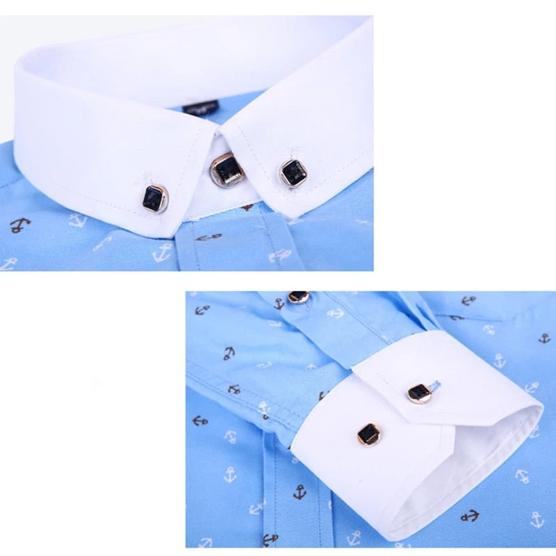 Men Long Sleeve Casual Shirt Spring Autumn Floral Printed Plaid Pocket Shirts Soft Comfortable Dress Man Wedding Party Shirt