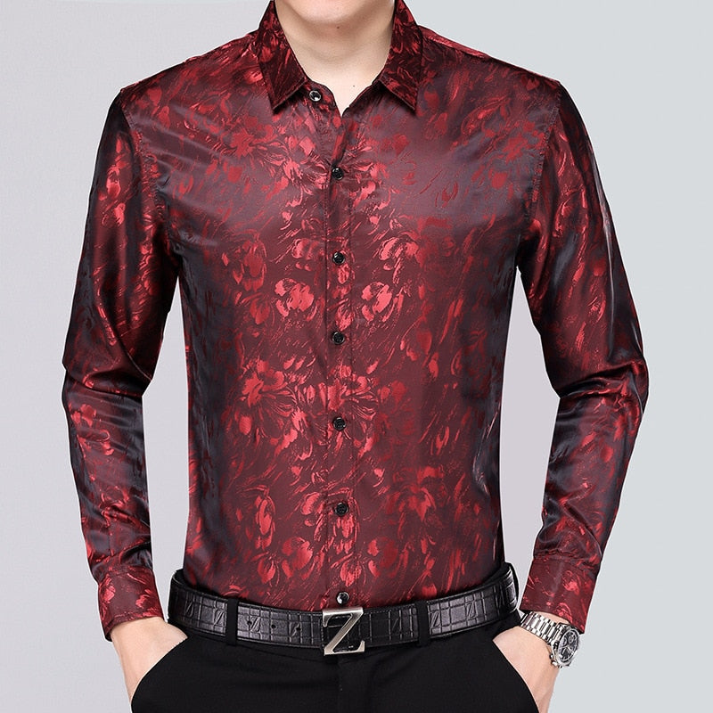 Floral Print Satin Silk Men Dress Shirts Comfortable Smooth Mens Shirt Business Work Casual Men Long Sleeve Slim Fit Men Chemise