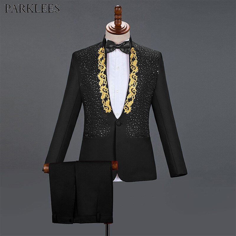 3x and 4x Diamond Royal Blue Men Suit Set Gold Embroidered Wedding Mens Slim Fit Tuxedo Mens Suits with Pants Prom Show Stage Costume