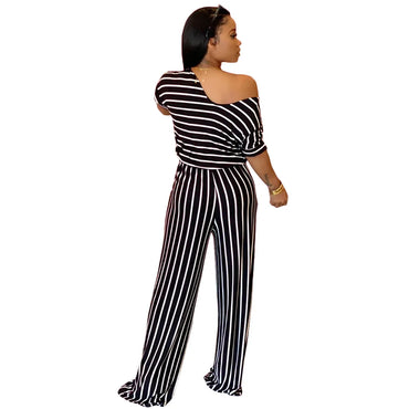VOLALO Women Causal Striped Short Sleeve Jumpsuit Loose Fit Summer Long Pants Daily Overalls Comfy Jumpsuit