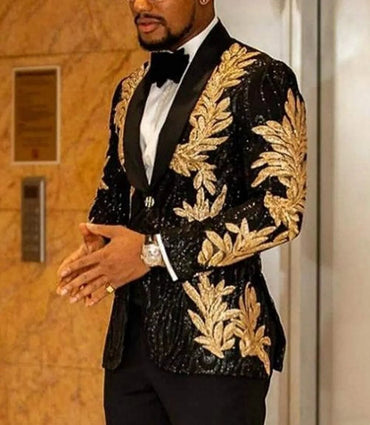 Sparkly Suits Men Slim Fit Gold Appliques Sequins Groom Wedding Tuxedo Tailored Made Single Breasted Jacket Pants 2 Pieces 2023
