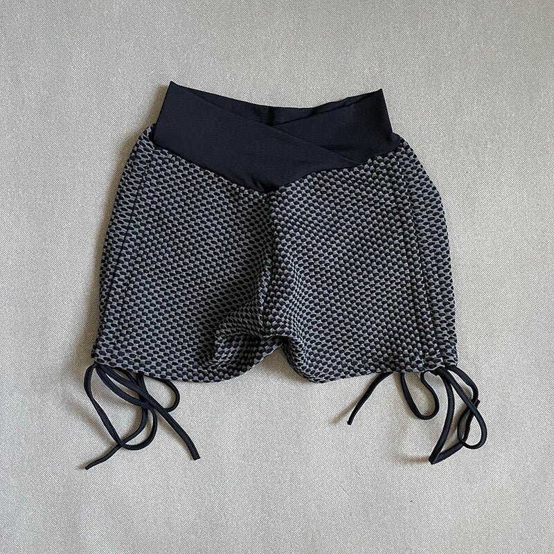 High Waist Seamless Yoga Shorts Women Fitness Push Up Tight Sports Leggings Honeycomb Pattern Drawstring Running Workout Shorts
