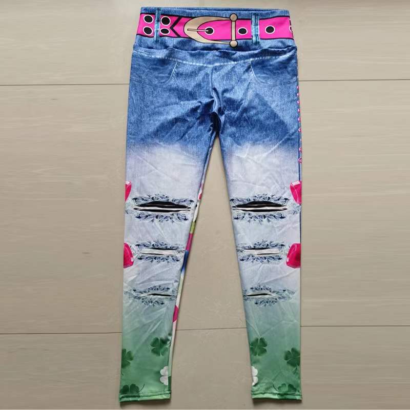 FCCEXIO Denim 3D Print Women Pants Push Up Running Sports Leggings Slim Pants Female Casual Trousers Fitness Legging