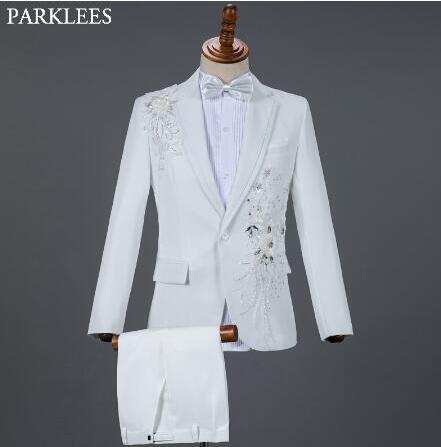 White Embroidered Diamond Suit Men Wedding Groom Tuxedo Suits Mens Stand Collar Prom Stage Costume Mens Suits with Pants Ternos