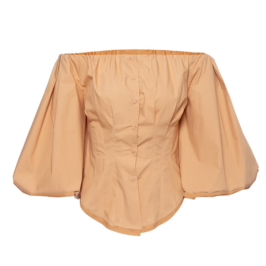 OOTN Sexy Slim Off Shoulder Women Shirt Blouses Lantern Sleeve Tunic Female Top Laides Shirt Pleated Elegant White Blouse Button