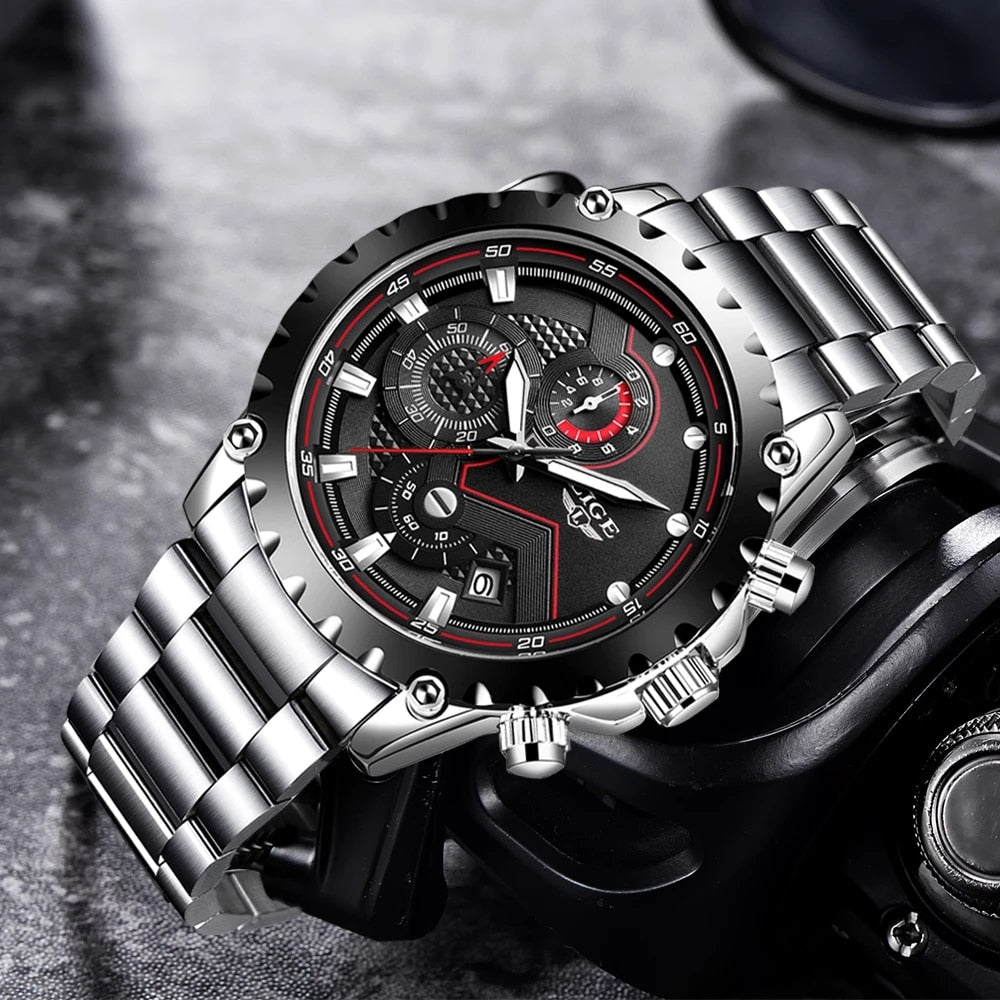 LIGE Fashion Mens Watches Top Luxury Brand Silver Stainless Steel 30m Waterproof Quartz