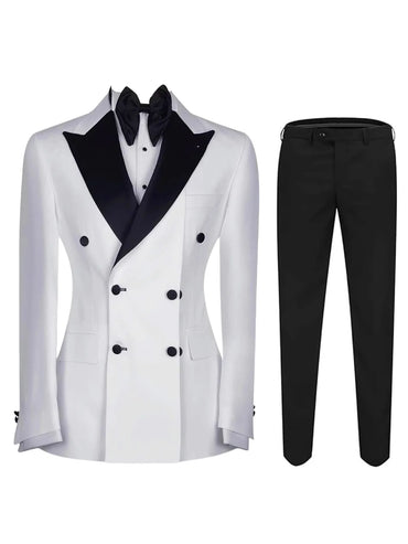 Wholesale Black and White Double Breasted Wedding Suits for Men Peaked Lapel Slim Fit Tuxedos 2 Pieces Fashion Casual Suits