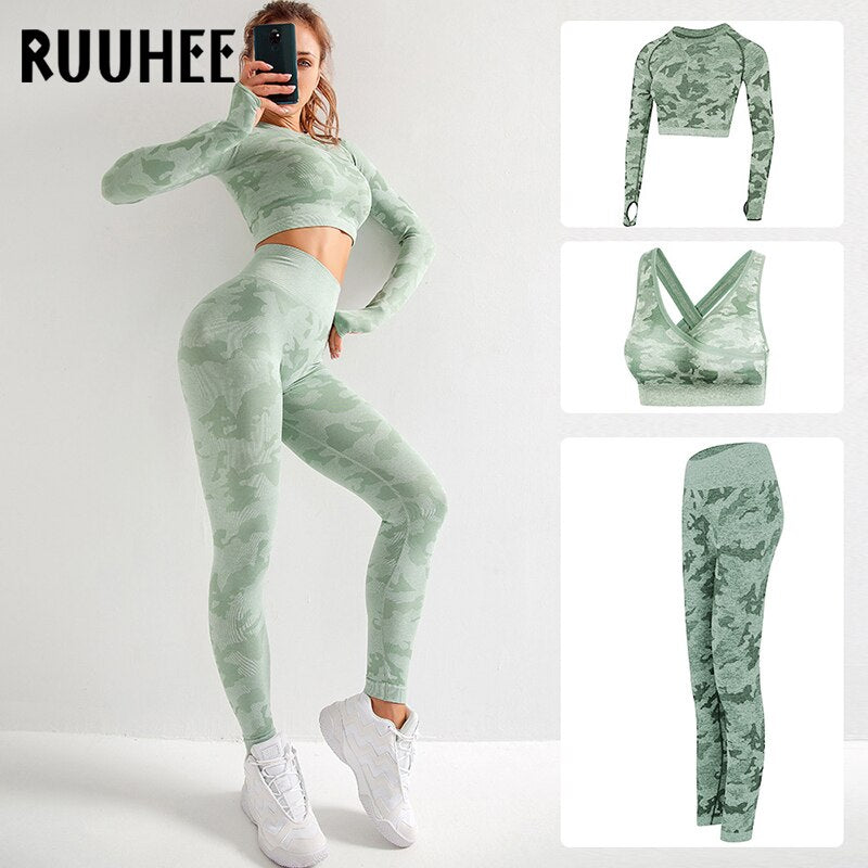 RUUHEE Women Yoga Set Camouflage Seamless Long Sleeve High Waist Leggings and Bra Workout Sportwears 2 Piece Gym Suit Female