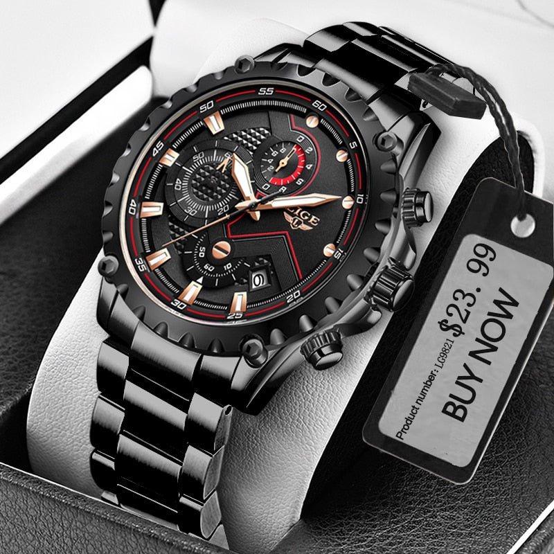LIGE Fashion Mens Watches Top Luxury Brand Silver Stainless Steel 30m Waterproof Quartz