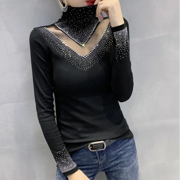 New 2025 Spring Autumn Long Sleeve T-Shirt Fashion Casual Turtleneck Diamond Woman Tee Elegant Slim Women's Tops Blusas