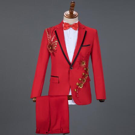 White Embroidered Diamond Suit Men Wedding Groom Tuxedo Suits Mens Stand Collar Prom Stage Costume Mens Suits with Pants Ternos