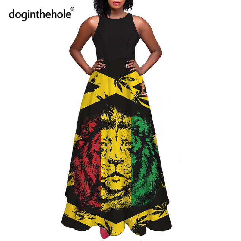 Jamaica Flag Printed Women Summer Sleeveless Long Dress Reggae Style Elegant Big Swing Party Dresses for Ladies Femme Vestidos