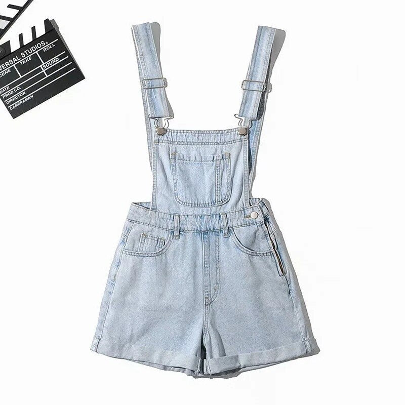 Summer Denim Bib Overalls Shorts Women Casual Adjustable Strap Cuffed Hem Jean Overall Shorts