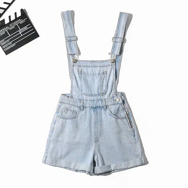 Summer Denim Bib Overalls Shorts Women Casual Adjustable Strap Cuffed Hem Jean Overall Shorts