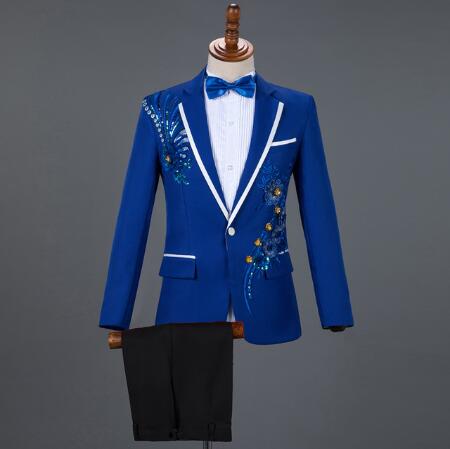 White Embroidered Diamond Suit Men Wedding Groom Tuxedo Suits Mens Stand Collar Prom Stage Costume Mens Suits with Pants Ternos