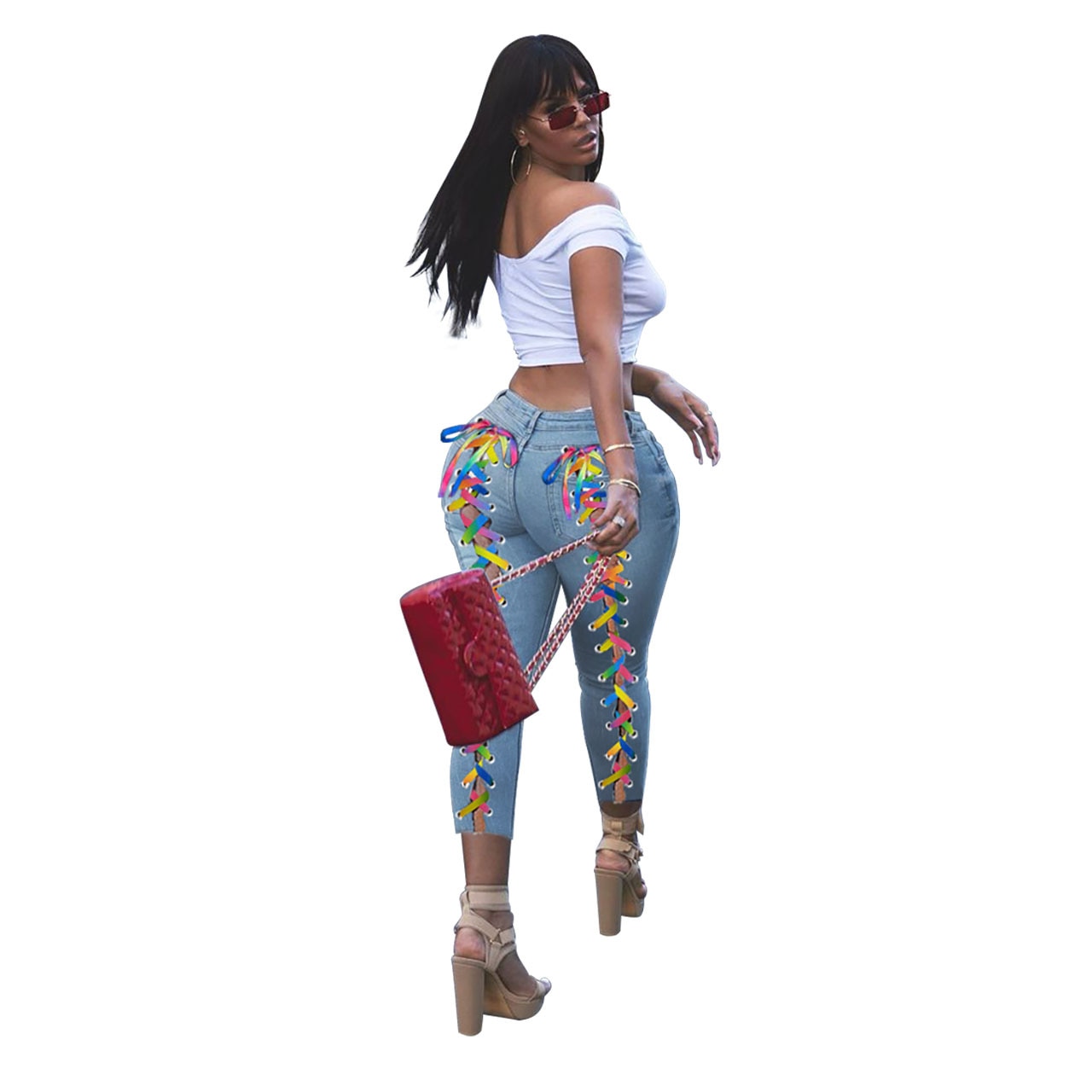 Women Jeans Back Criss-cross Lace Up Sexy Hole Sheath Elastic Mid Waist Long Pencil Denim Ankle-Length Pants Skinny Jeans