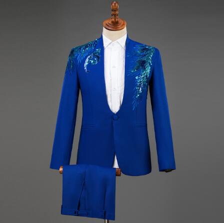 3x and 4x Diamond Royal Blue Men Suit Set Gold Embroidered Wedding Mens Slim Fit Tuxedo Mens Suits with Pants Prom Show Stage Costume