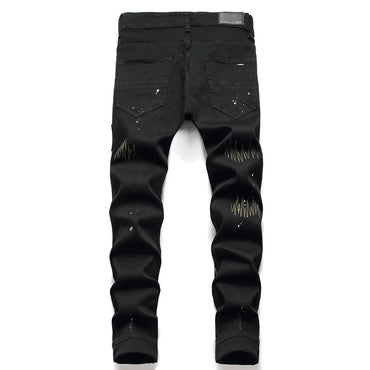 EH·MD® Diamond Embroidered Jeans Men's Scraped Inside Floral Trim Splash Ink Slim Cotton Stretch Leather Standard Black Pants 22