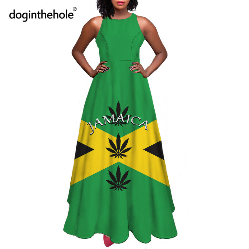 Jamaica Flag Printed Women Summer Sleeveless Long Dress Reggae Style Elegant Big Swing Party Dresses for Ladies Femme Vestidos