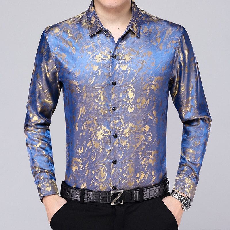 Floral Print Satin Silk Men Dress Shirts Comfortable Smooth Mens Shirt Business Work Casual Men Long Sleeve Slim Fit Men Chemise
