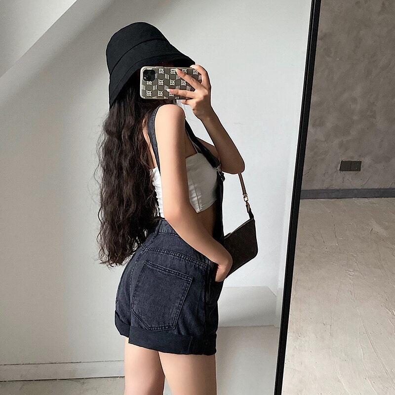 TVVOVVIN Korea Style High Waist Slim Flanging Wide Leg Denim Playsuits Shorts Hot Girl Female Rompers 732S