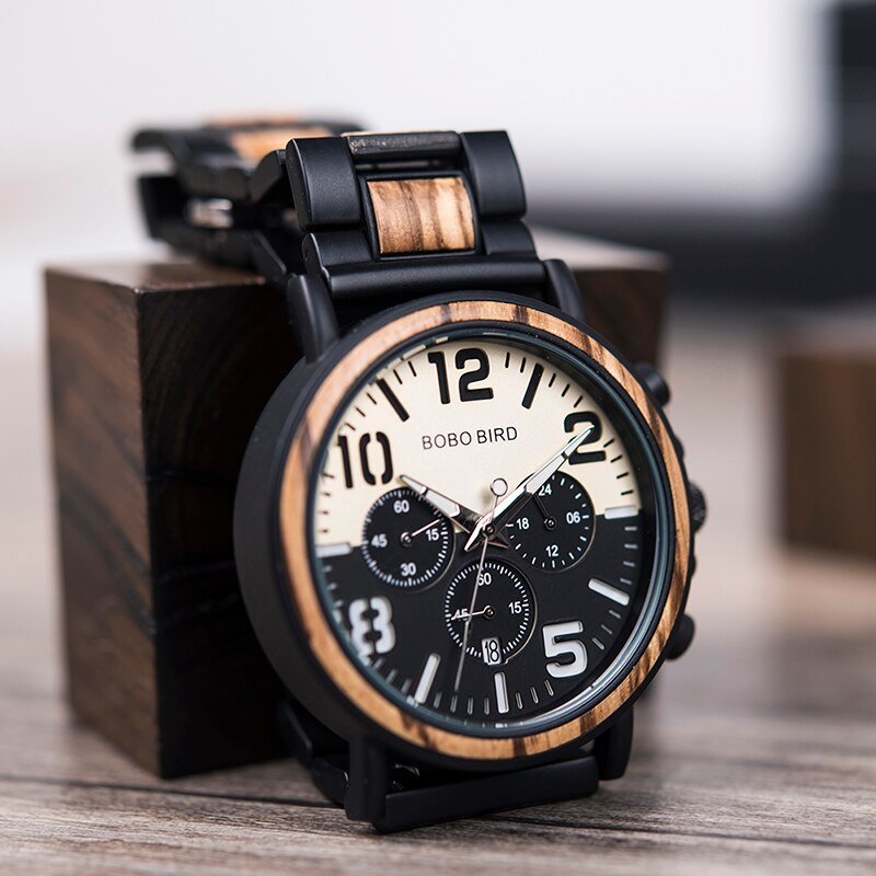 BOBO BIRD Wooden Stainless Steel Watch Men Water Resistant Timepieces Chronograph Quartz Watches relogio masculino Men's Gifts