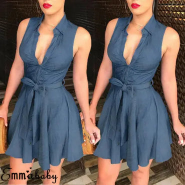 Womens Dress Sexy Large V Neck Sleeveless Club Party Denim Jeans Bandage Bodycon Mini Dress