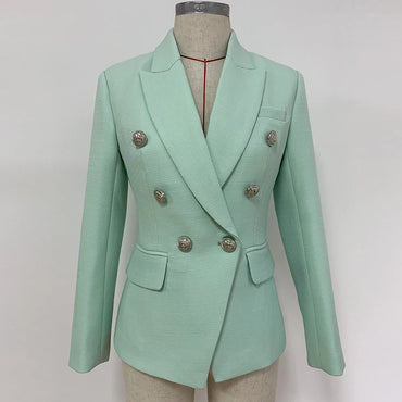 HIGH STREET 2024 Classic Baroque Designer Jacket Women's Metal Lion Buttons Double Breasted Textured Blazer Mint Green