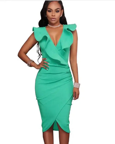 2022 Women Summer Dress Sexy Sleeveless V Neck Knee-Length Party Dresses Ladies Ruffles Bodycon Slim Midi Club Vestidos