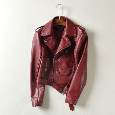 Jacket PU Leather Autumn Winter Street Women's Short Washed Zipper Bright Colors Ladies Basic Motorcycle Outwear OverCoat