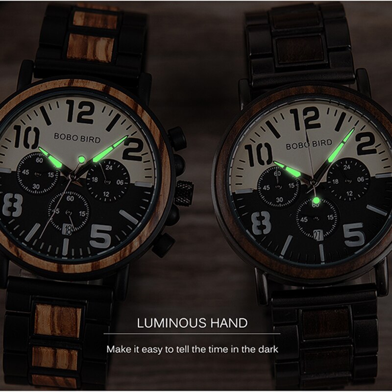 BOBO BIRD Wooden Stainless Steel Watch Men Water Resistant Timepieces Chronograph Quartz Watches relogio masculino Men's Gifts