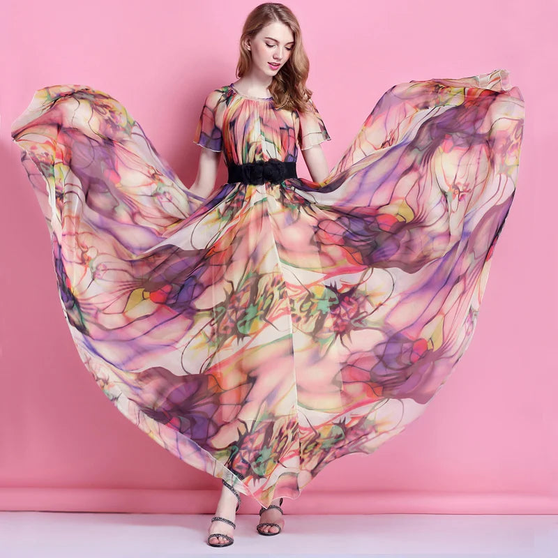 chinese dress ladies Colorful Floral Printed Chiffon Maxi Dress Free and Loose Beach Weddin –  Mega Mart Center